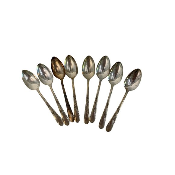 Bridal Wreath Vintage 50s Oneida Silver Plate Floral Pattern Teaspoons Set Of 8 - Picture 3 of 6